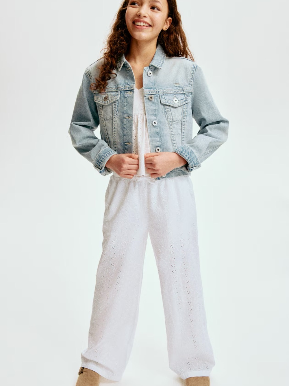 White Eyelet Embroidered Wide-Leg Pants